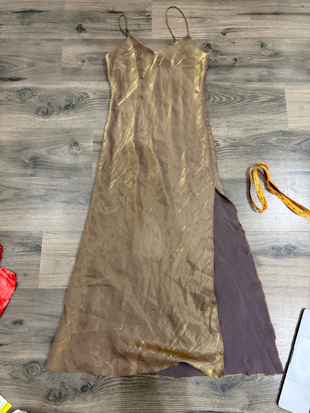 Gold/Green Metallic Slip Maxi Dress with Side Slit